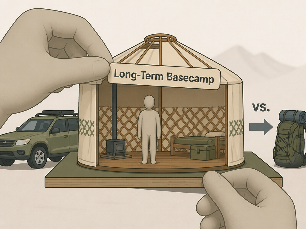 Cartoon diagram comparing a spacious yurt tent for basecamping versus a backpack for mobility.