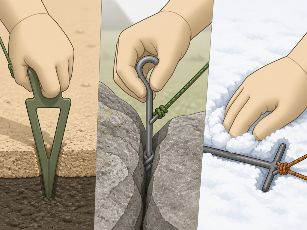 Techniques for securing tent pegs in sand, rock, and snow conditions.