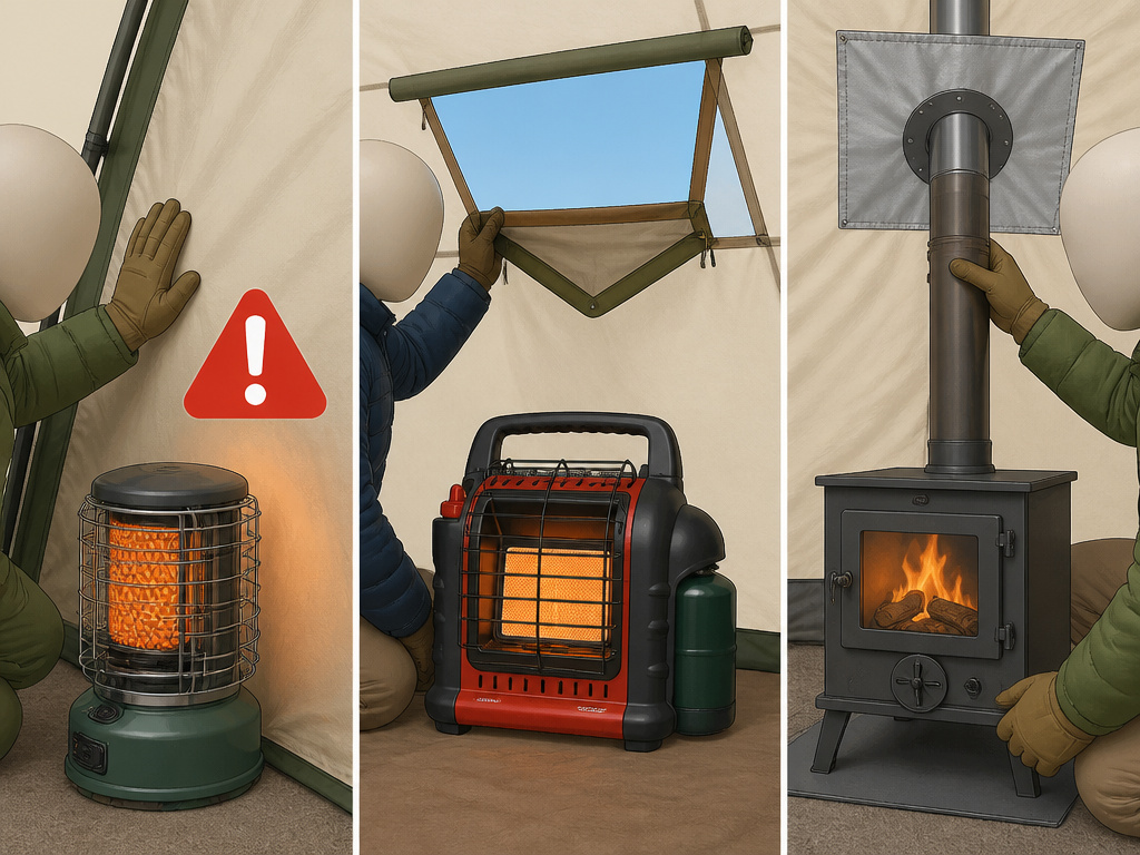 Diagram comparing catalytic, Buddy, and wood stove heaters in a tent.