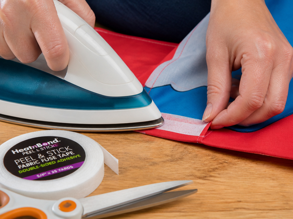 Close-up of ironing fuse tape to make a no-sew play tent hem.