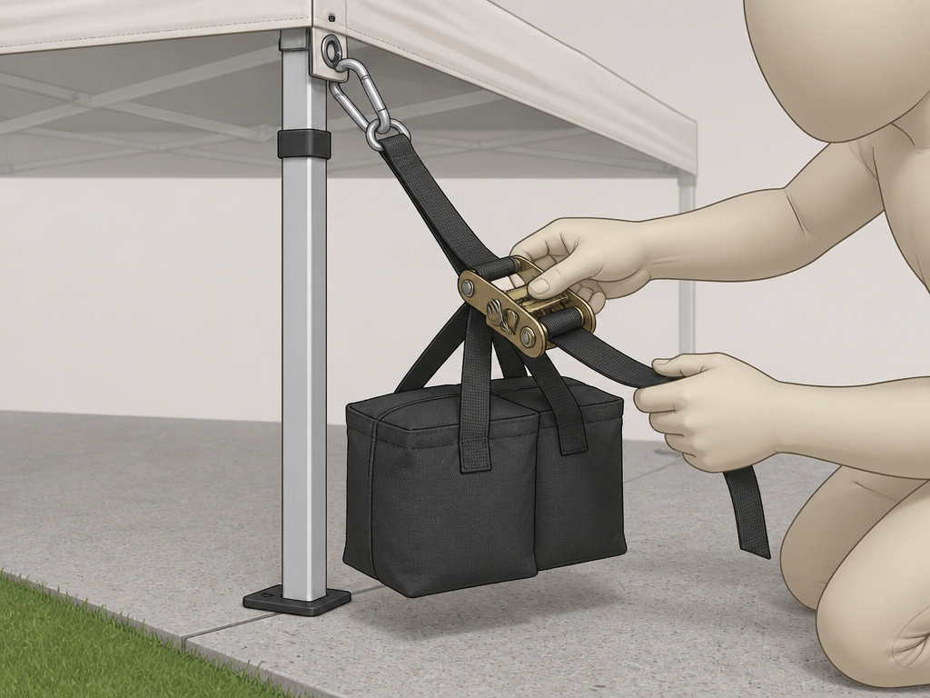 Diagram of anchoring a canopy tent to concrete using weight bags and ratchet straps.