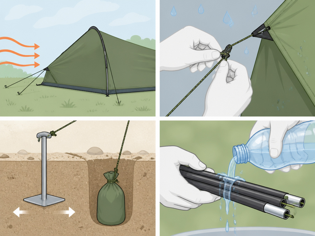 Tent setup adjustments for wind, rain, sand, and saltwater conditions.