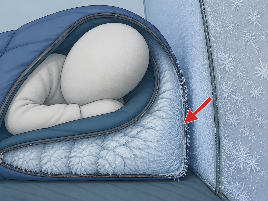 Cold-weather tent condensation freezing inside a sleeping bag footbox.