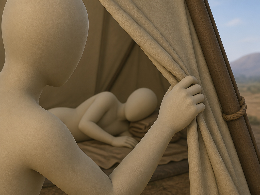 Biblical scene of Ham's transgression against Noah inside the tent.