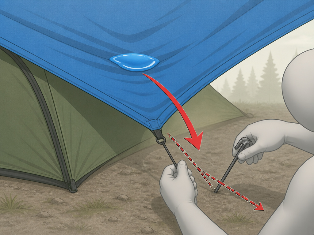 Diagram showing how to fix a sagging tarp pooling water over a tent.