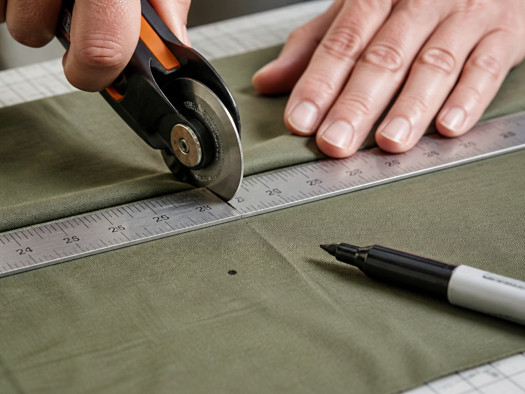 Close-up cutting tent fabric and marking alignment point with a rotary cutter.