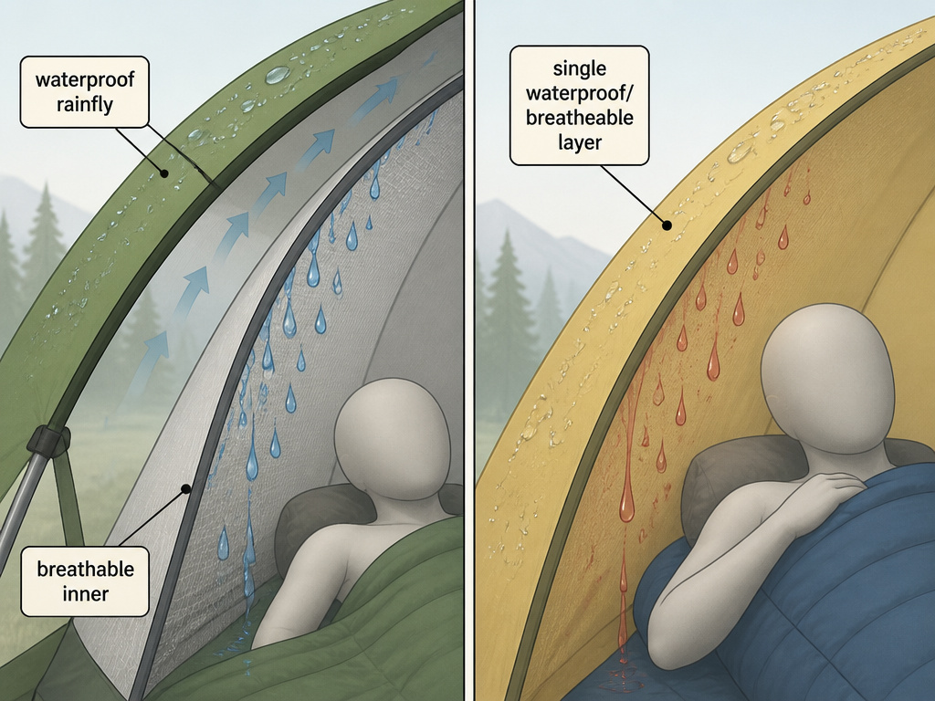 Diagram comparing condensation formation in double-wall versus single-wall tent designs.