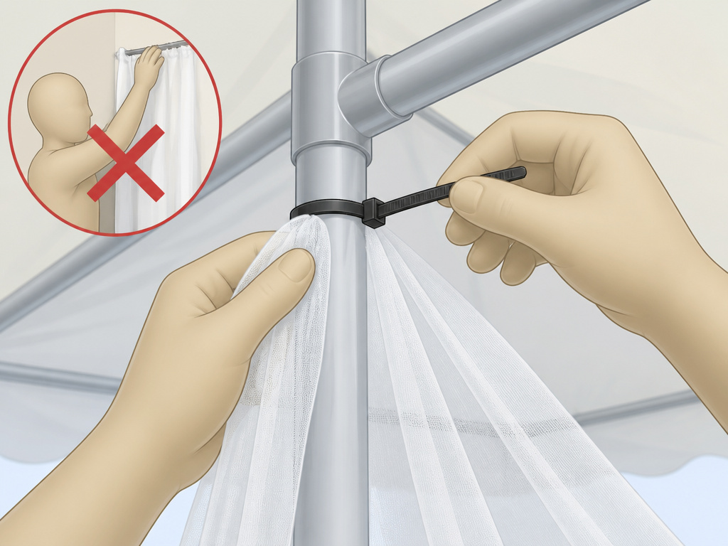 Correct order for draping wedding tent ceiling, securing fabric with zip ties.