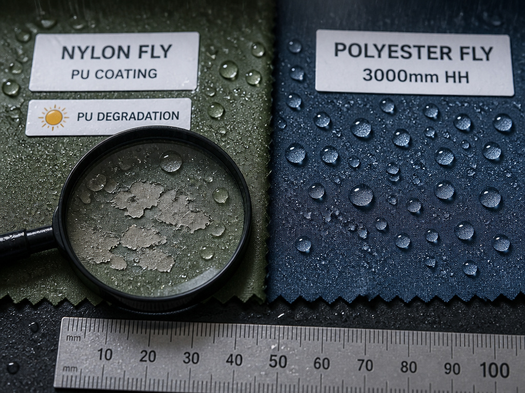 Close-up comparison of nylon vs polyester tent fly waterproofing and UV damage.