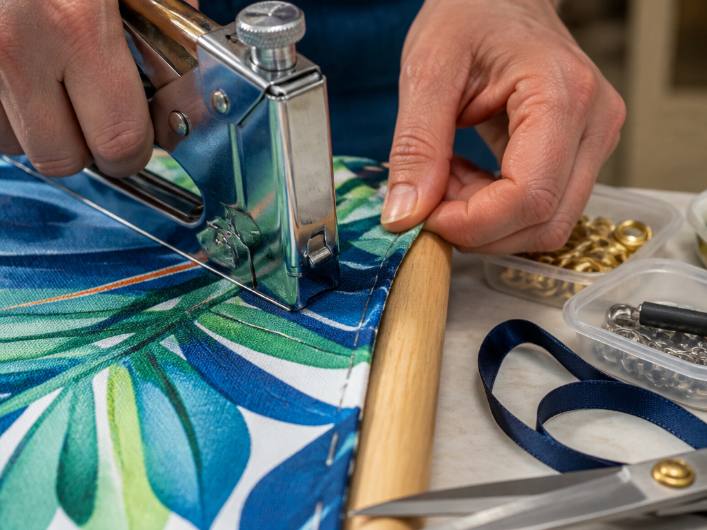 Close-up of stapling fabric to a wooden slumber party tent frame.