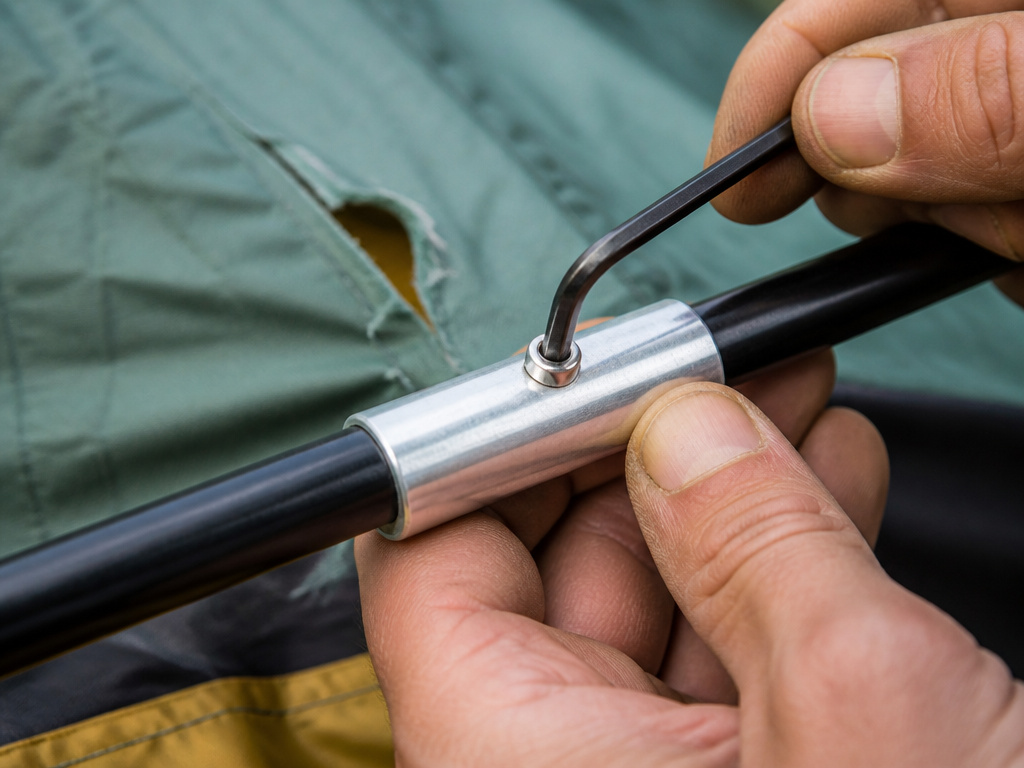 Repairing a stuck tent zipper with a graphite pencil on ripped tent material.