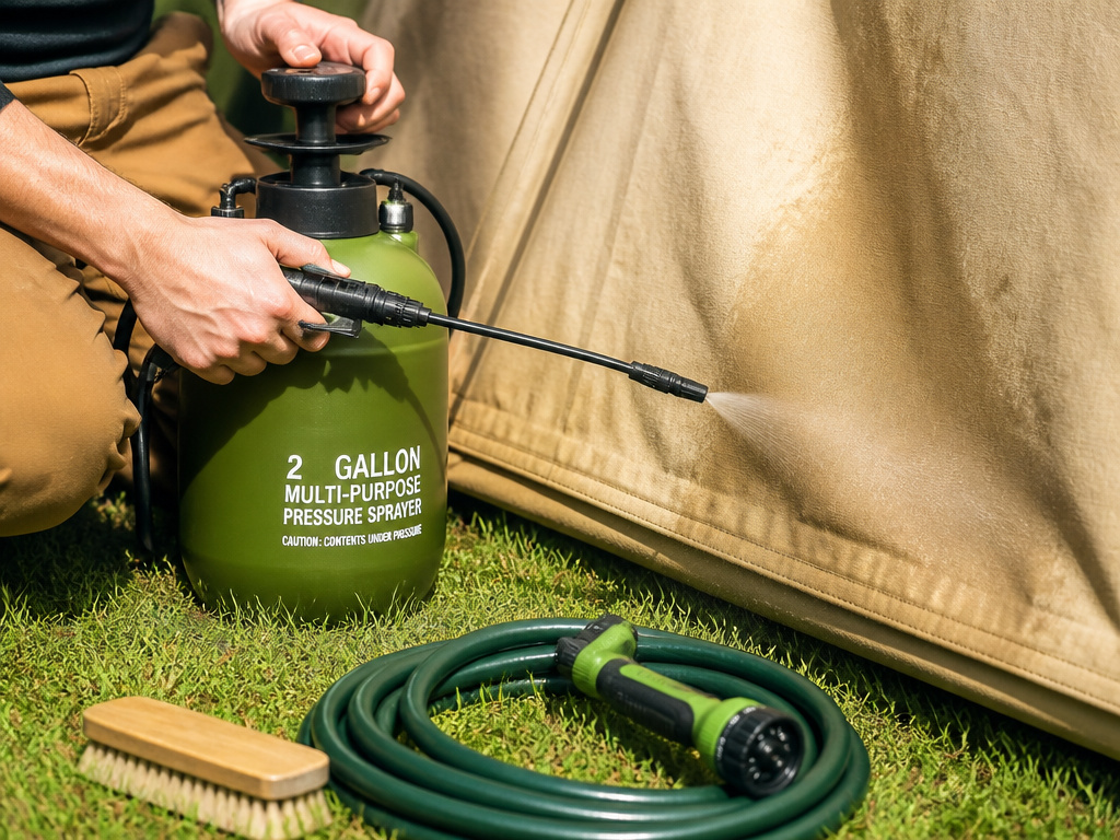 Essential tools for waterproofing a canvas tent: sprayer, hose, and brush.