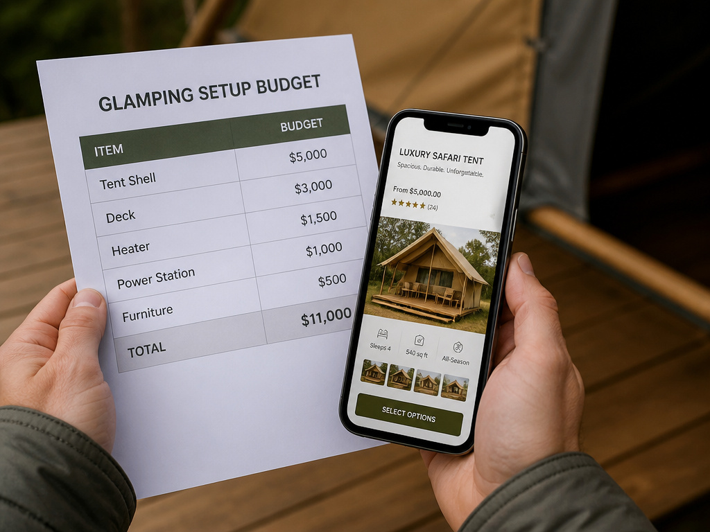 Hands planning a glamping tent budget with a spreadsheet and smartphone.