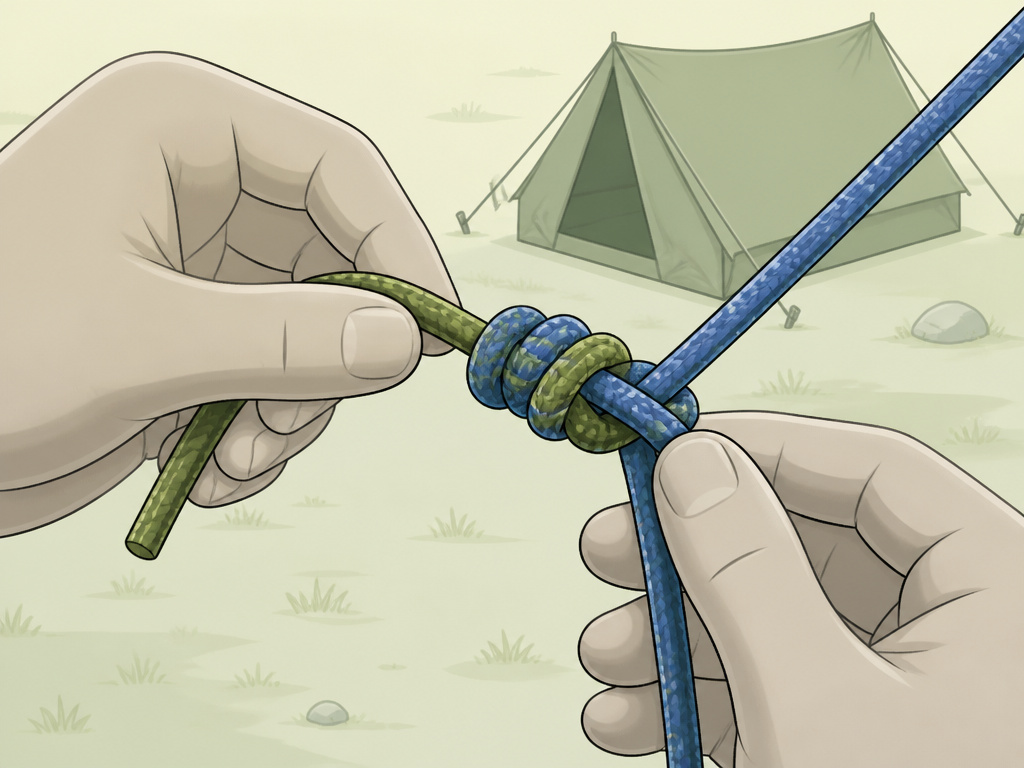 Tying a double fisherman's knot to fix a short tent guy rope.