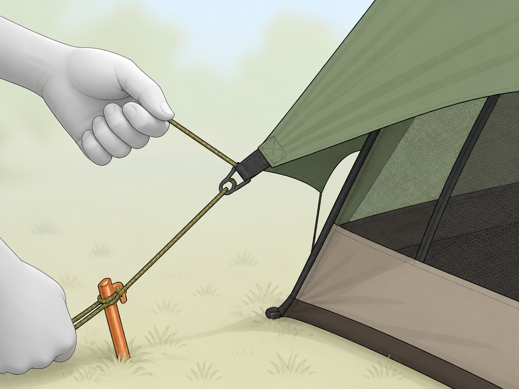 Close-up diagram showing correct rain fly guy line tension and staking angle.