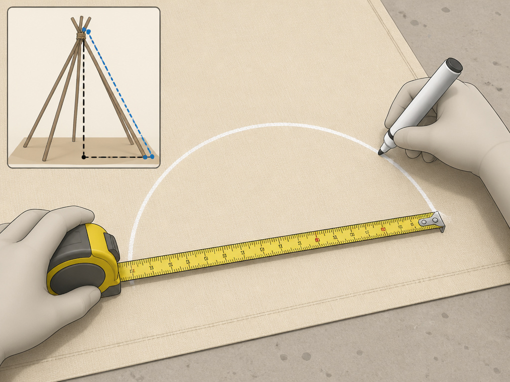 Diagram for calculating and marking a teepee tent cover's half-circle fabric shape.