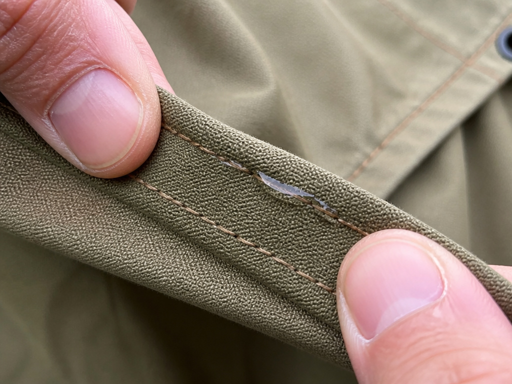 Close-up inspection of a damp canvas tent seam after cleaning.
