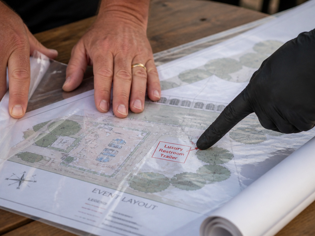 Wedding planner marking luxury bathroom trailer location on a tent wedding site map.