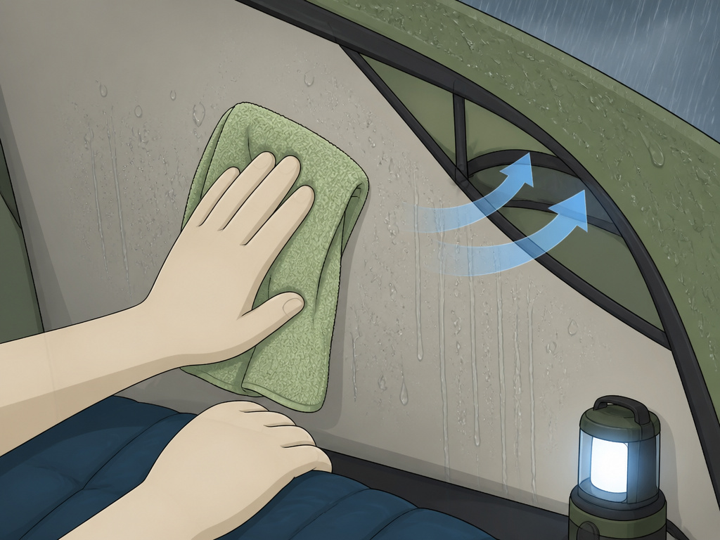 Camper wiping tent condensation in rain with towel and ventilation shown.