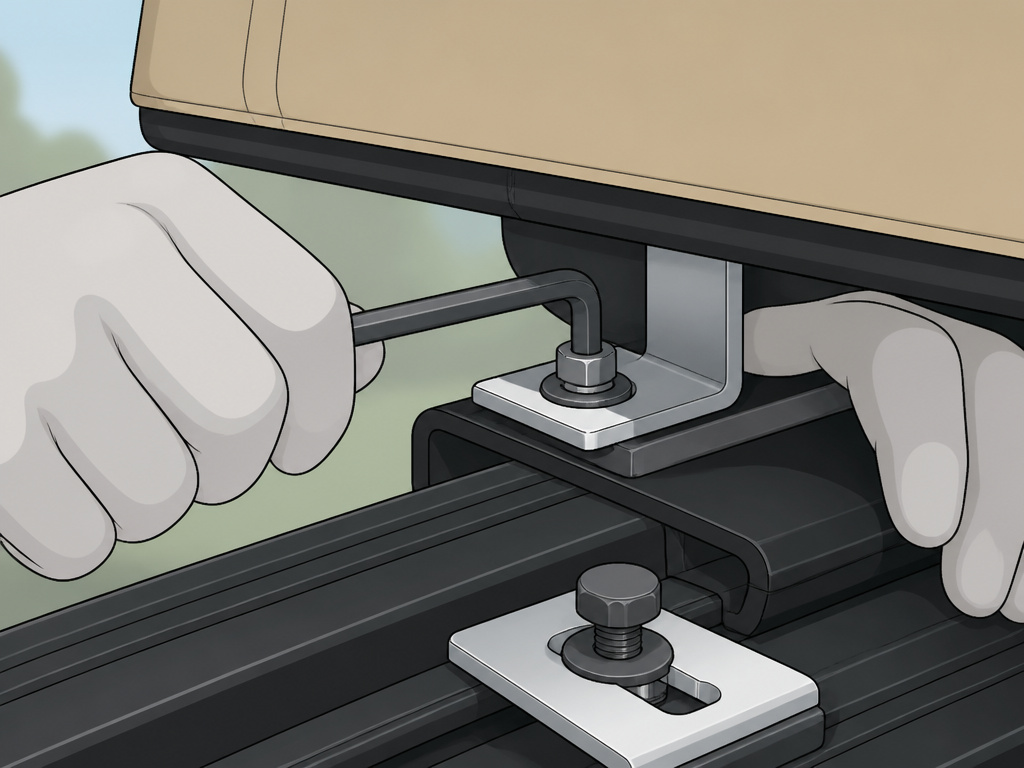 Close-up illustration of hand tightening a roof top tent clamp bolt on crossbar.