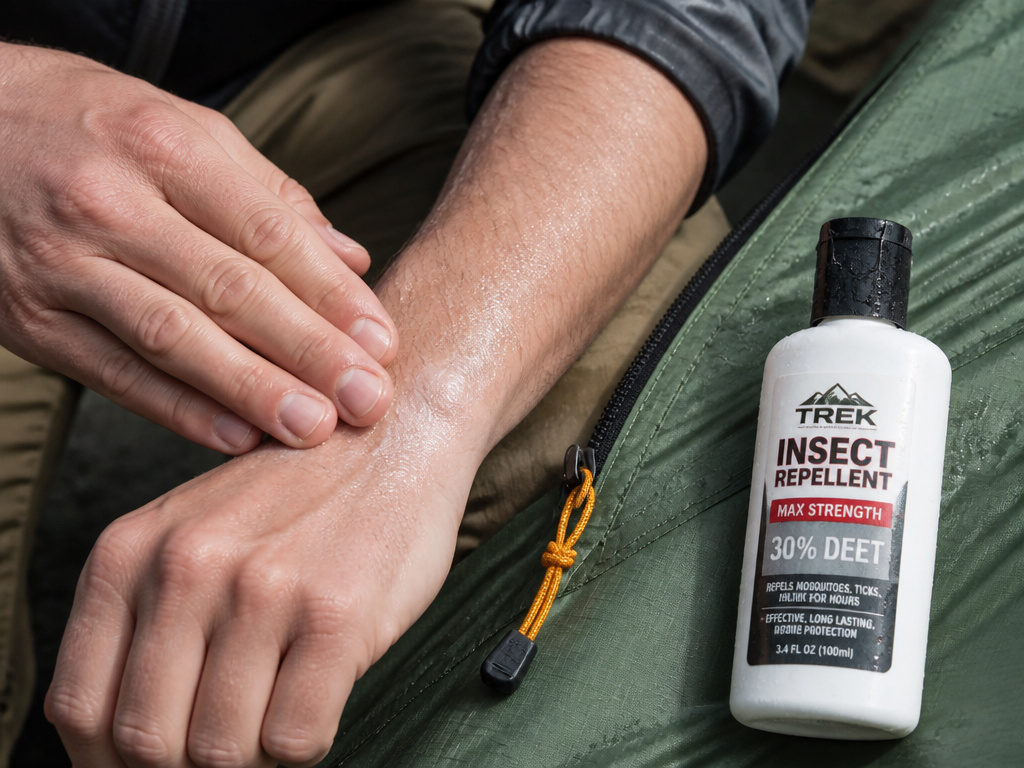Applying bug repellent to wrist while avoiding tent fabric to prevent damage.