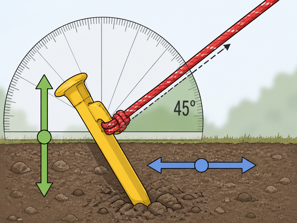 Diagram showing ideal 45-degree guy line angle for secure tent stake placement.