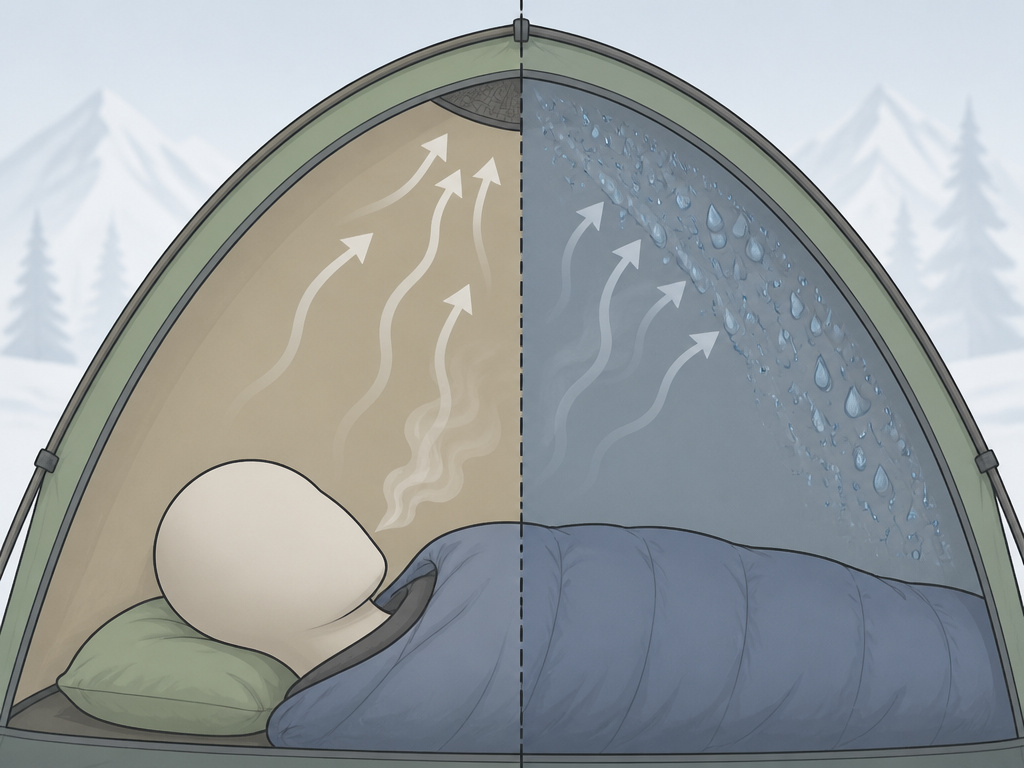 Diagram showing how breath causes condensation and cold in a winter camping tent.