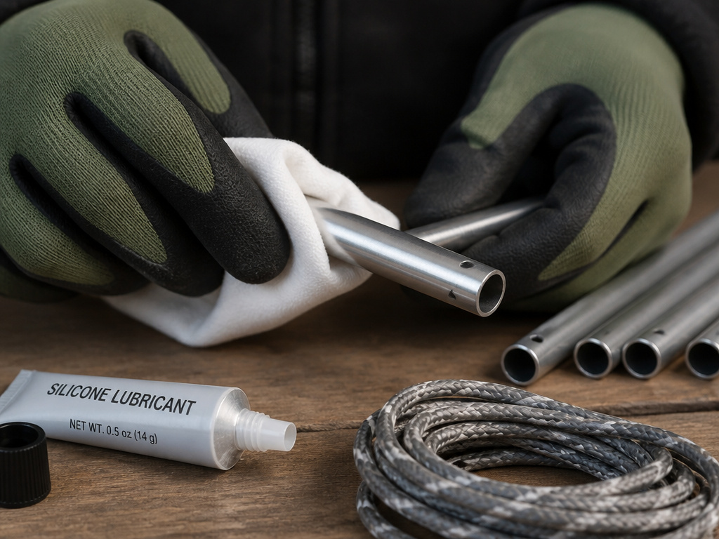 Cleaning and lubricating tent poles for proper long-term storage.