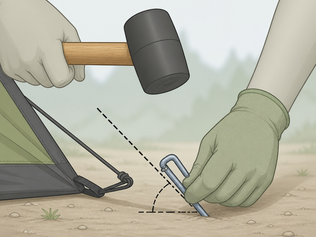 Close-up diagram showing correct tent peg angle and hammering technique.