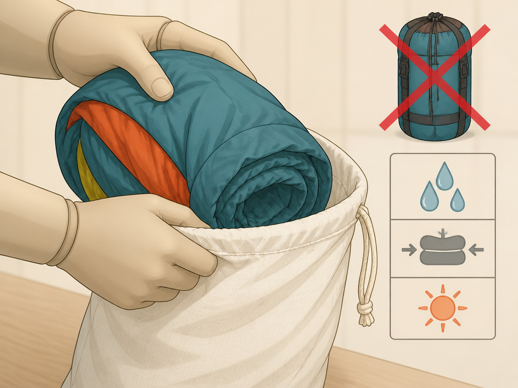 Proper tent storage method showing a loosely rolled tent in a breathable bag.