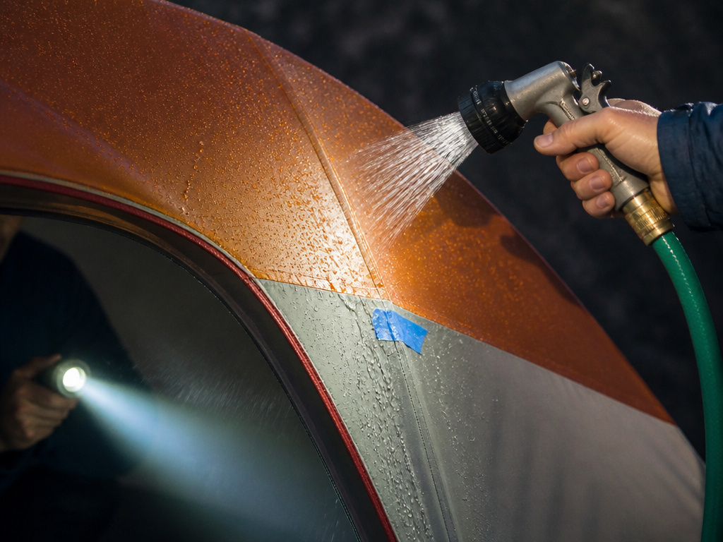 Person testing a tent's waterproofing with a garden hose and flashlight.