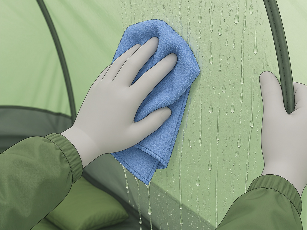 Close-up of wiping condensation from tent wall with a towel.