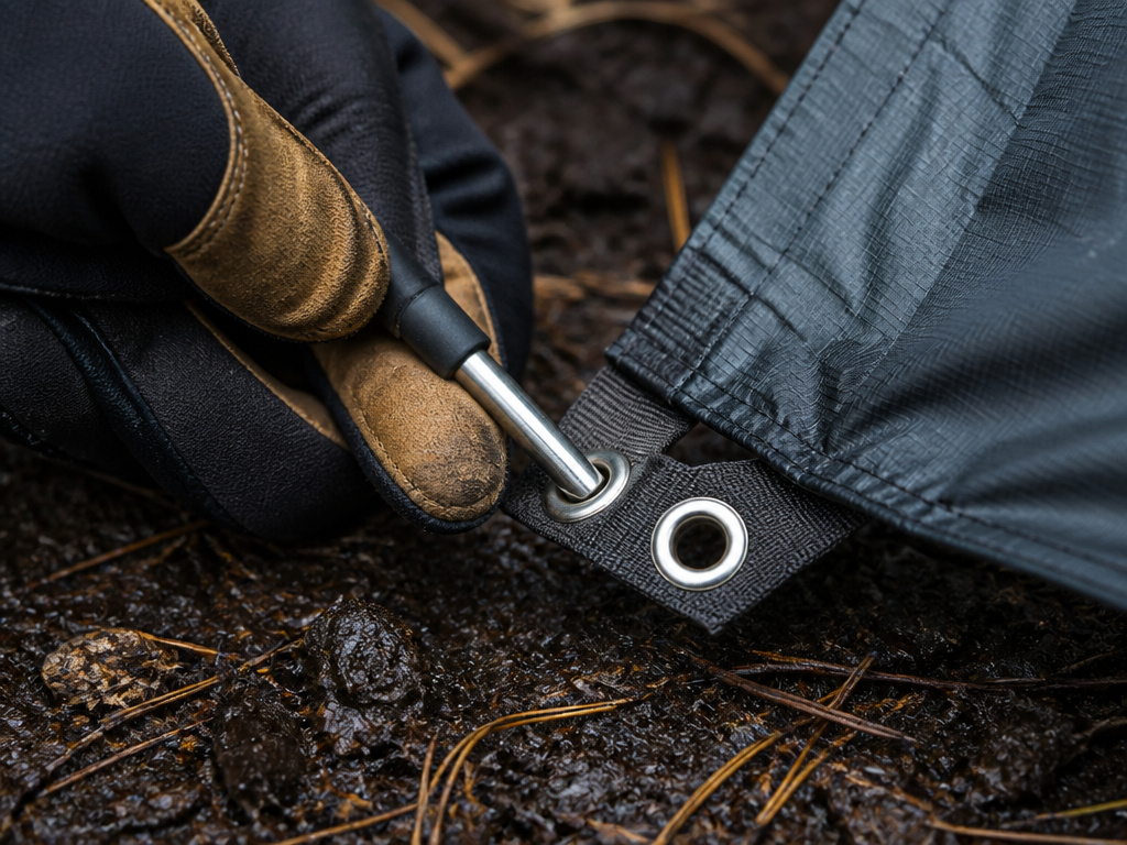 Close-up of inserting a tent pole tip into an MSR dual-grommet stake loop.