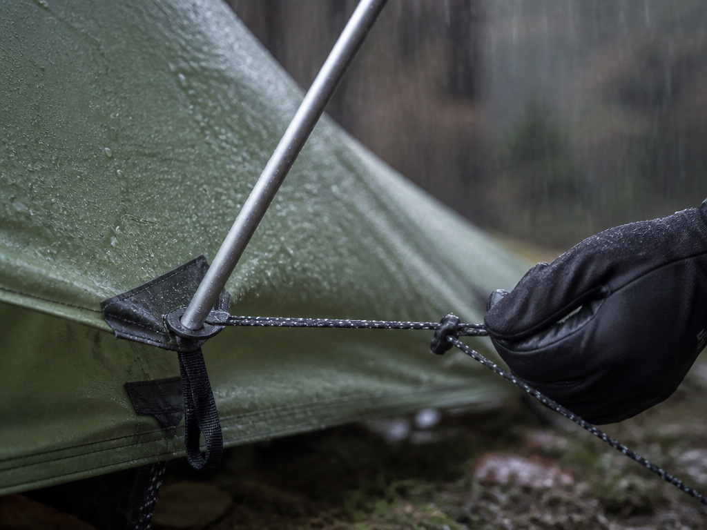 Close-up of a 3-season tent's storm-ready rain fly and guylines in rain.