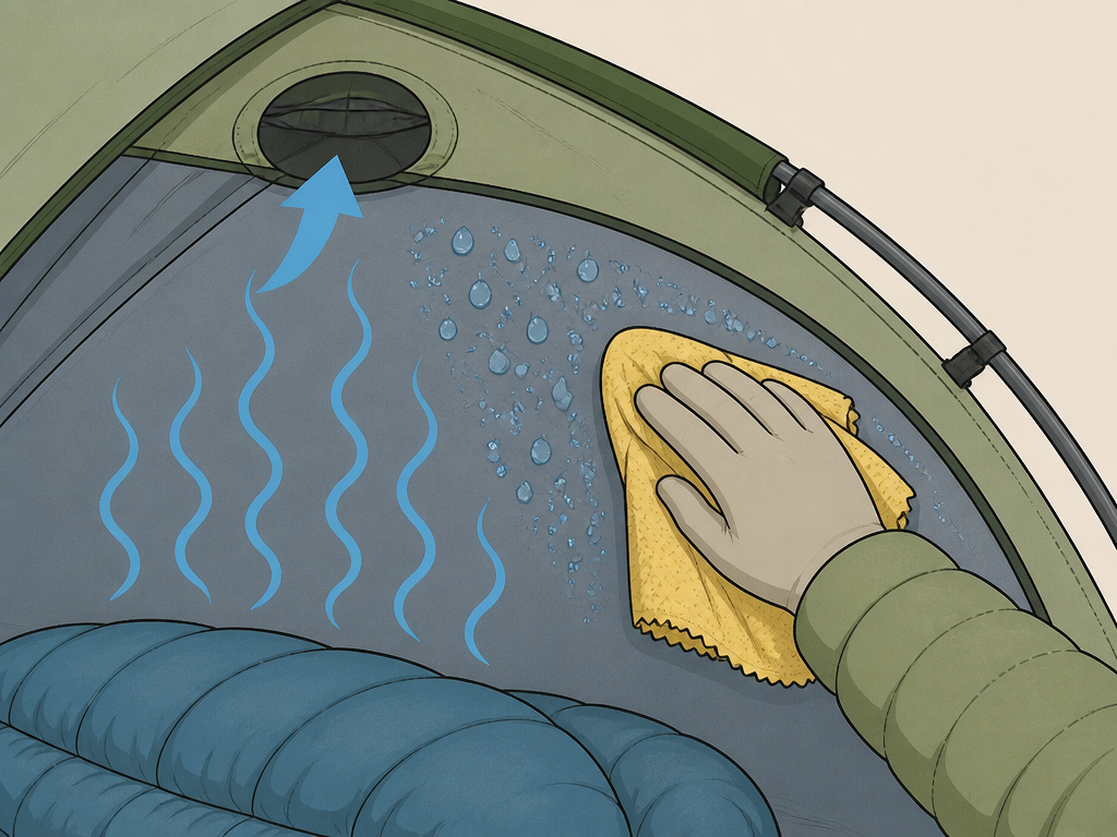 Diagram showing tent condensation management with venting and a microfiber towel.