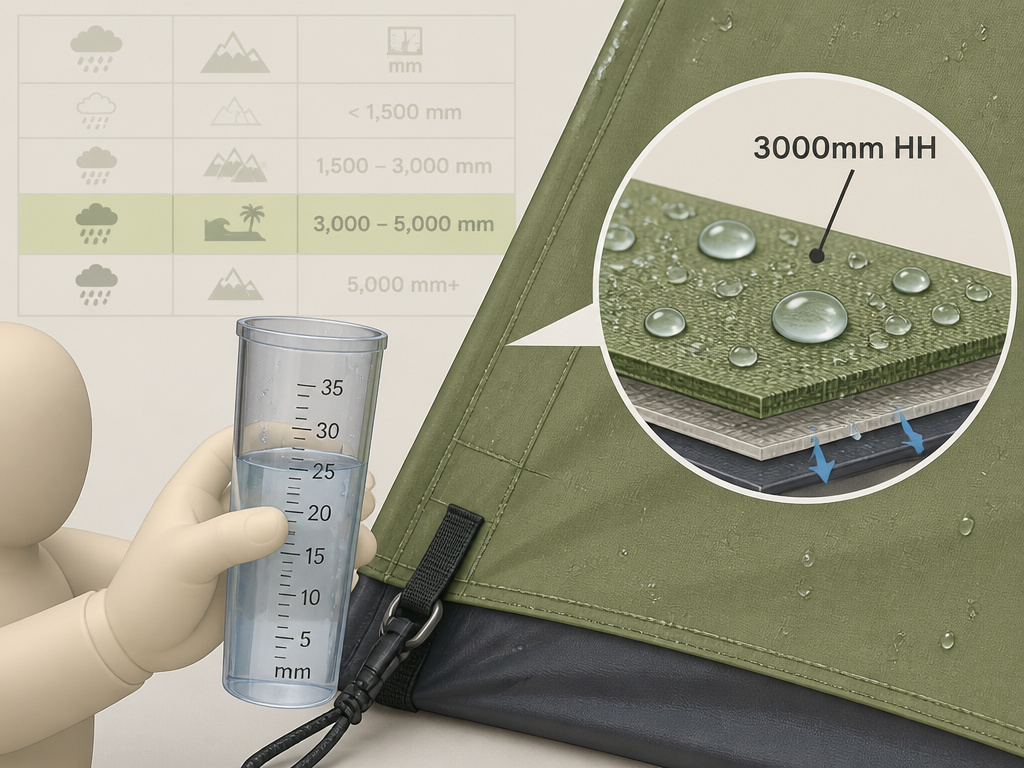 Cartoon diagram comparing tent waterproof ratings to a rain gauge and forecast table.