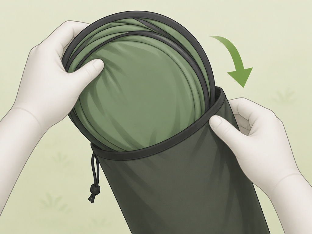 Properly sliding a folded pop-up tent into its long storage bag.