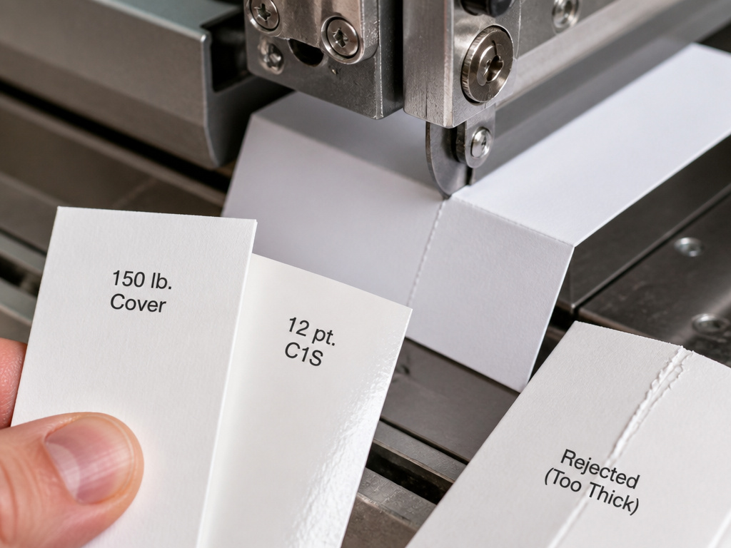 Close-up of paper scoring for table tents comparing 12 pt. and 150 lb. stocks.