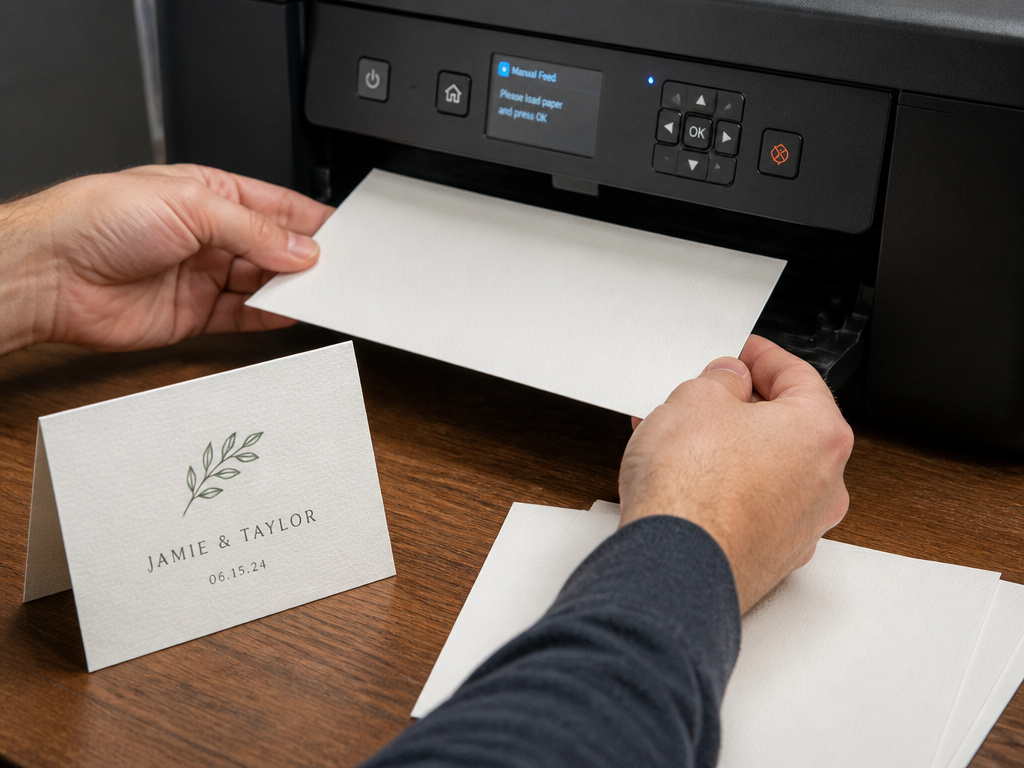 Inserting card stock into printer manual feed slot to print table tents.