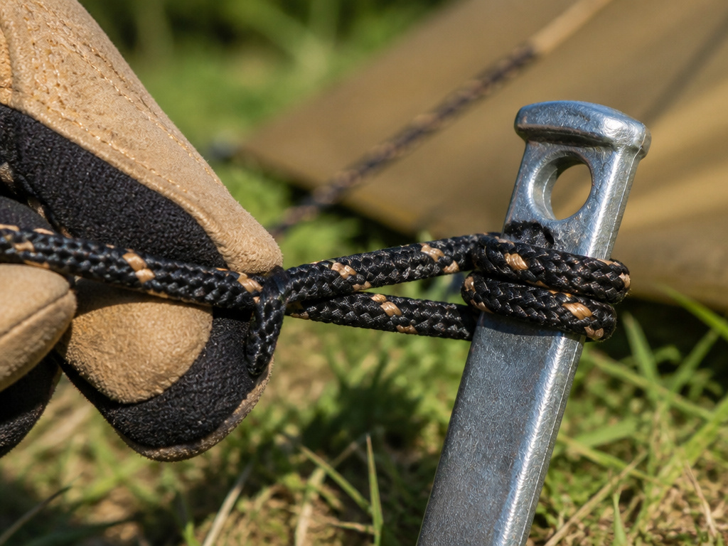 Close-up of proper diameter tent rope secured to a metal stake with gloves.