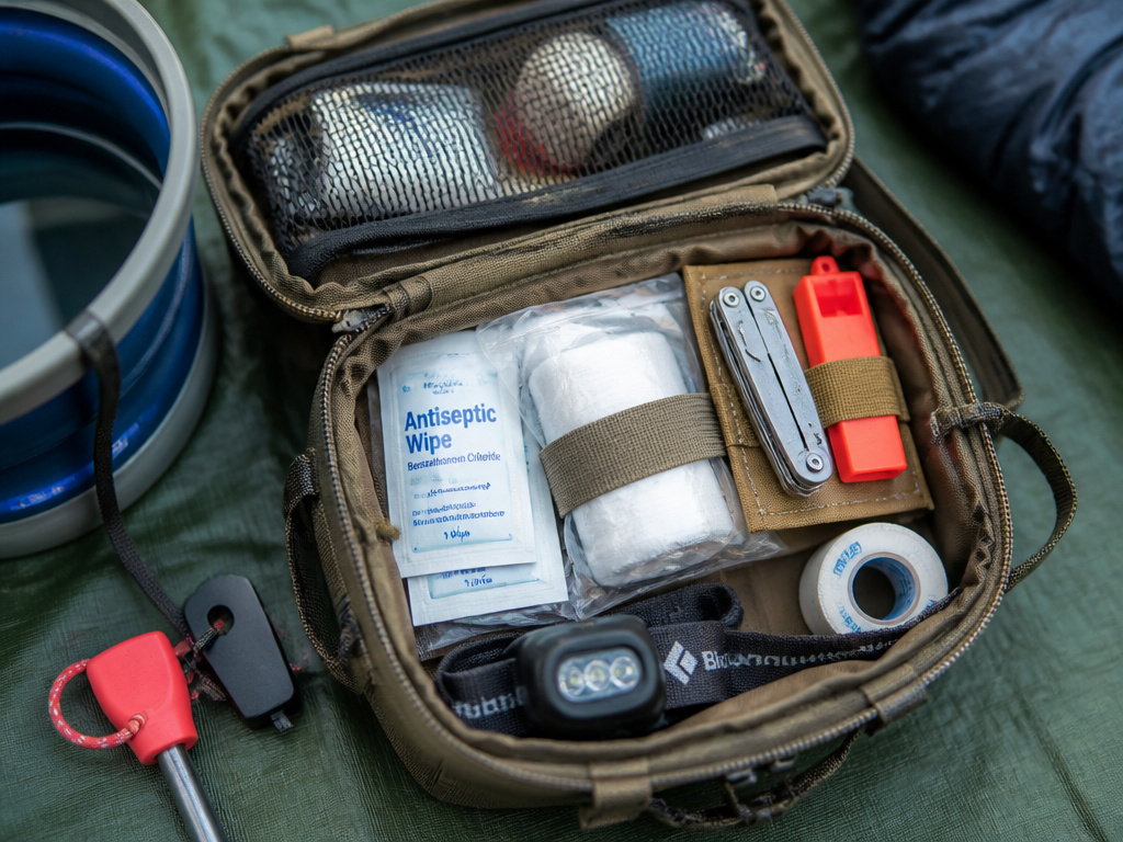 Essential camping safety kit contents laid out inside a tent.