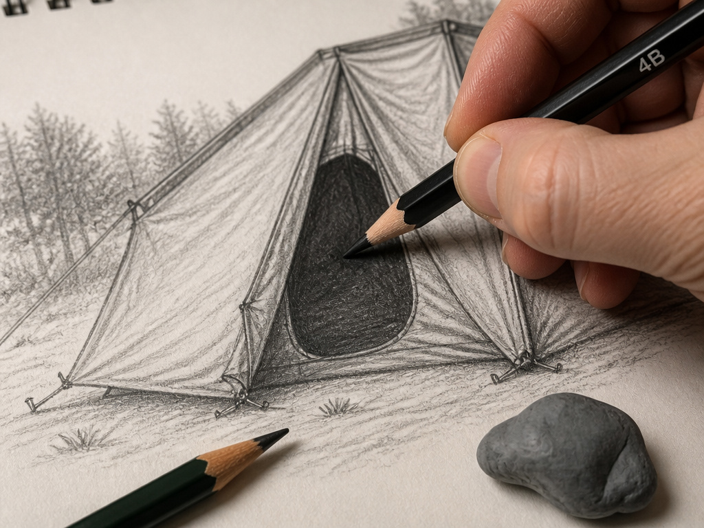 Close-up hand shading dark interior of a tent in pencil drawing.
