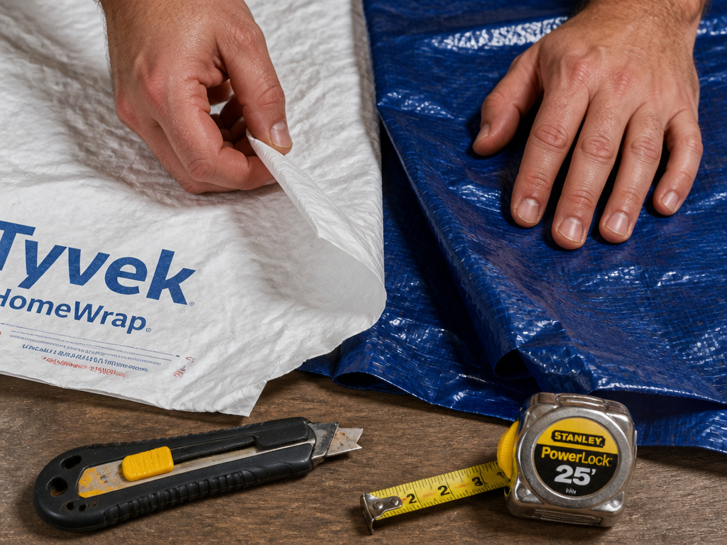 DIY tent footprint materials comparison: Tyvek fabric versus a thick poly tarp.