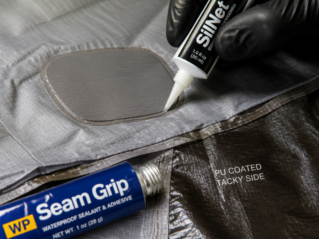 Close-up applying correct tent sealant to a fabric patch after repair.