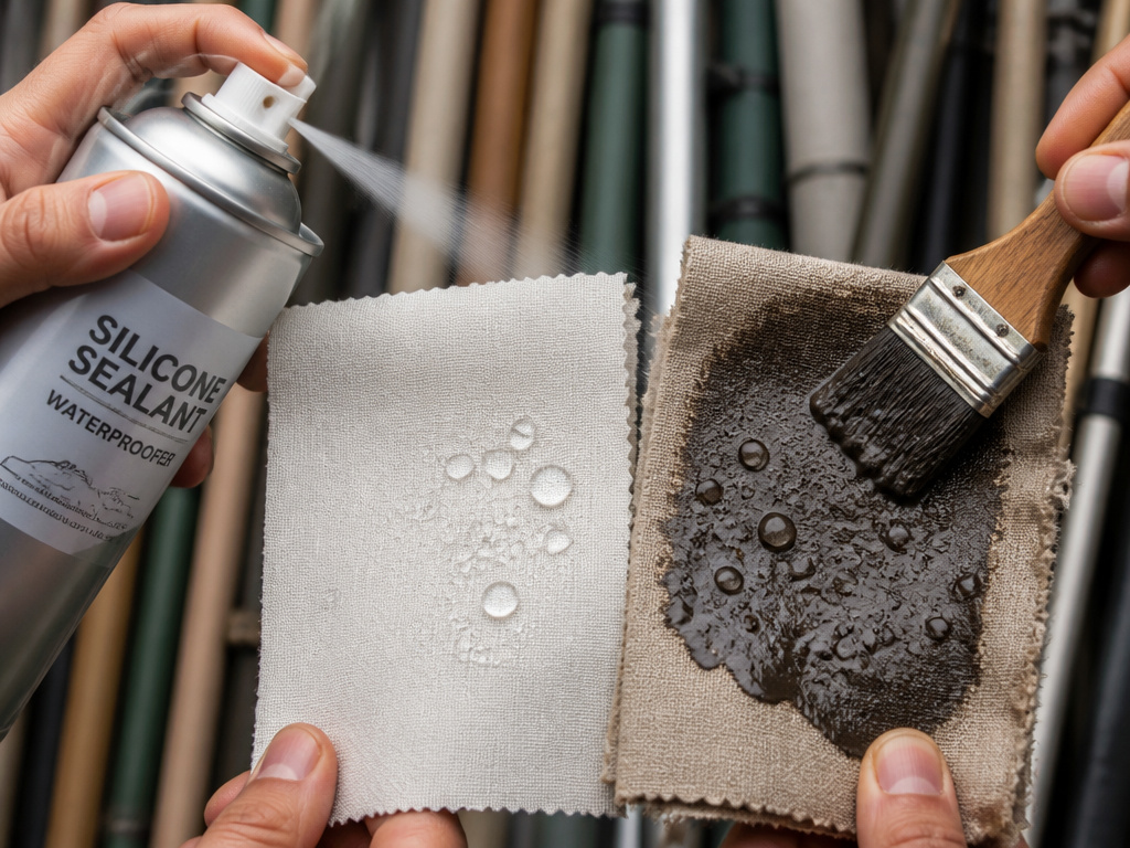 Close-up comparison of silicone spray versus wax sealant on different canvas tent fabrics.