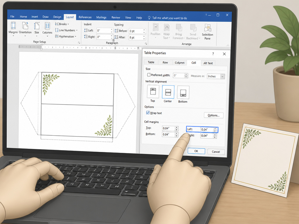 Adjusting cell margins in Microsoft Word to fix name tent text formatting.