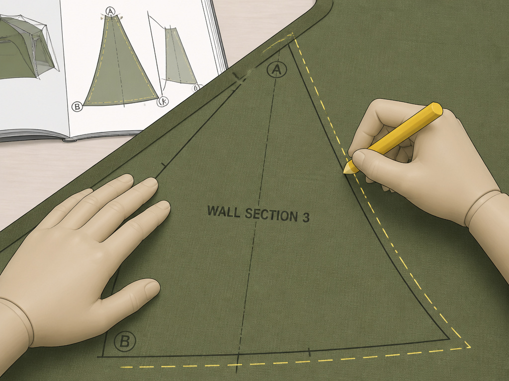 Marking seam allowances on canvas tent fabric using a chalk pencil and pattern.