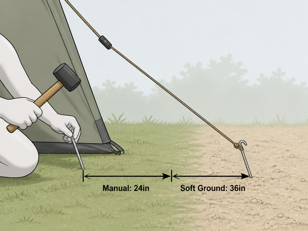 Diagram comparing correct tent stake distances for hard versus soft ground conditions.