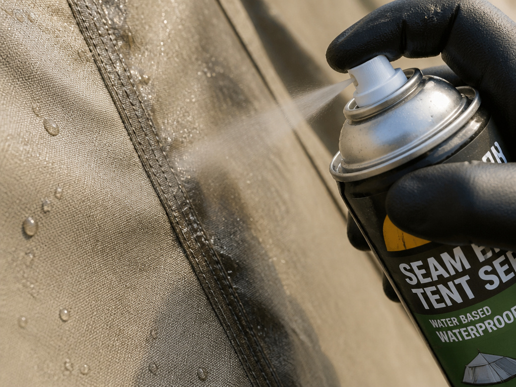 Waterproofing spray applied to canvas tent seam for leak protection