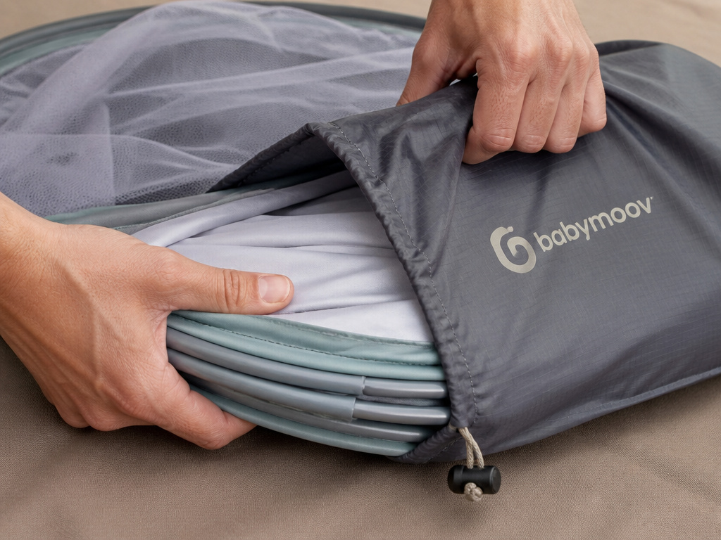 Properly storing a folded Babymoov tent inside its provided carry bag.